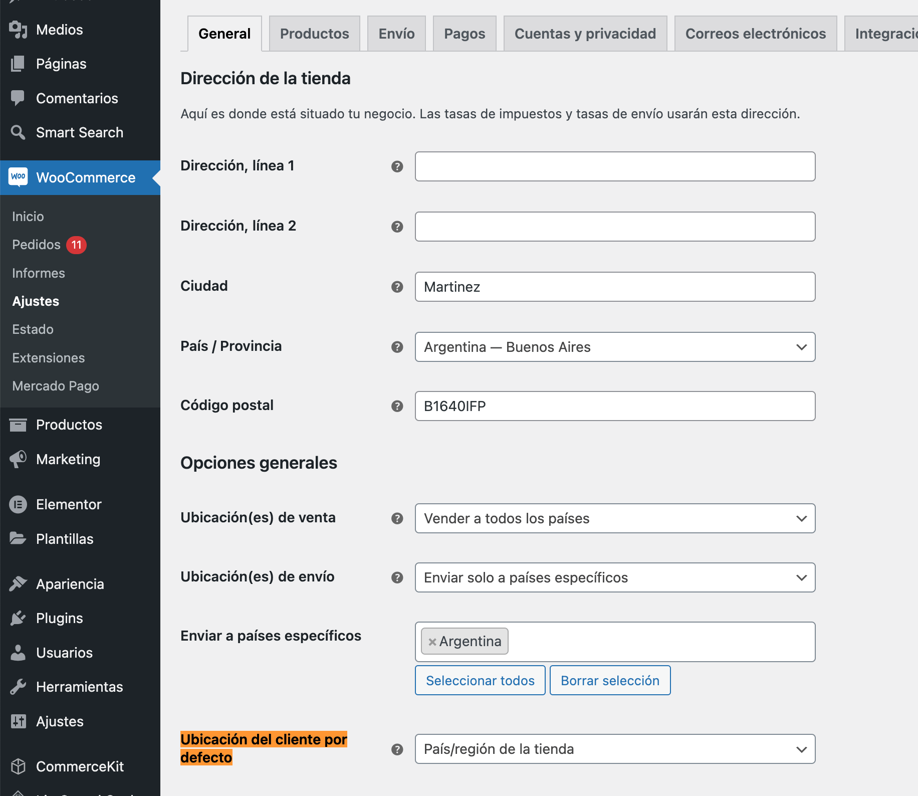 Ubicacion Defecto Woocommerce