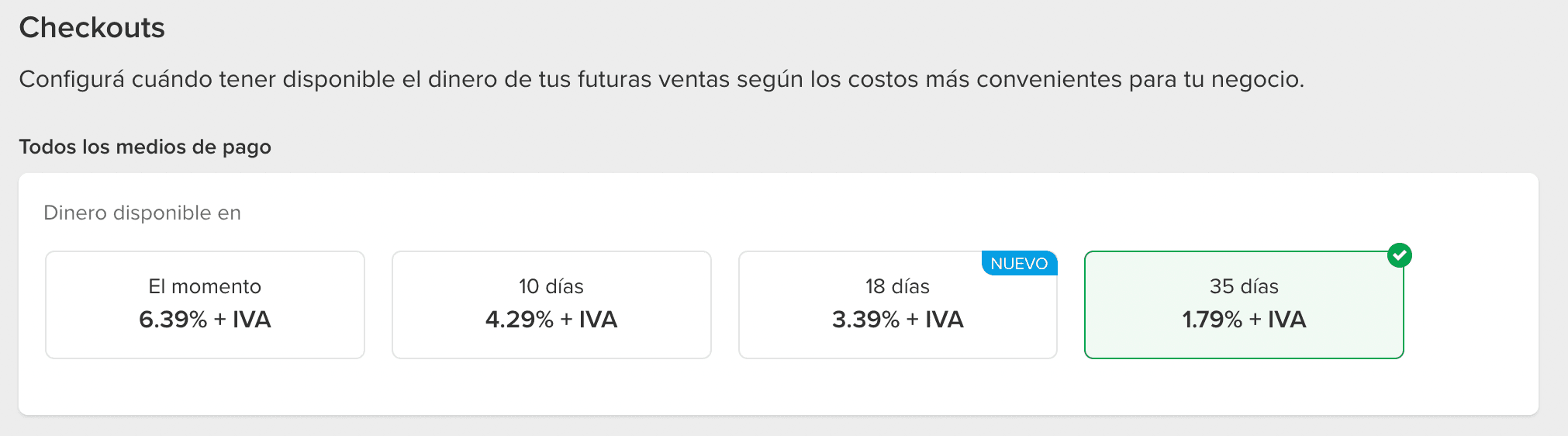 Original Spanish-language screenshot of MercadoPago fees by settlement period, retained as a historical reference