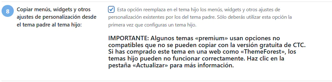 Copiar menus widgets tema padre
