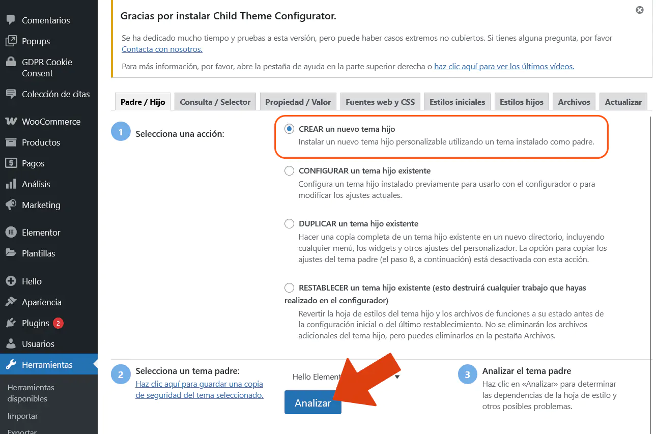 Crear nuevo tema hijo