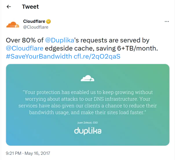 Tweet de Cloudflare sobre nuestro servicio