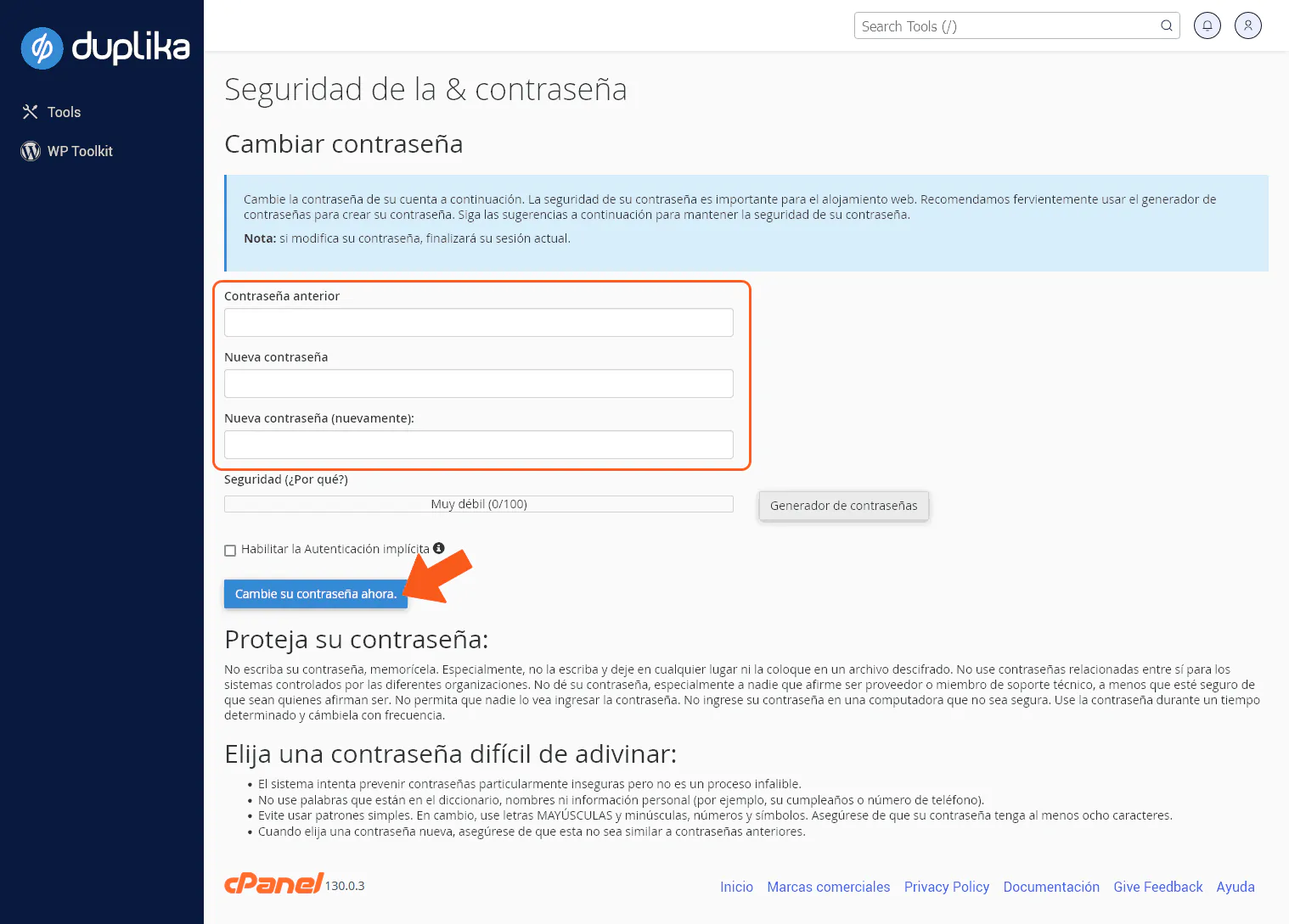 Cambiar contrasena cpanel