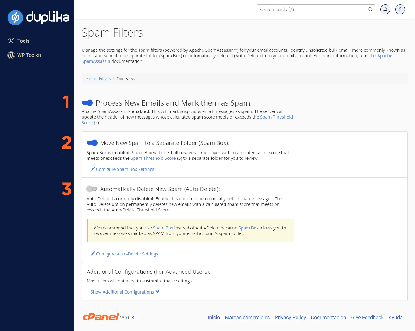 Cpanel editando filtros spam