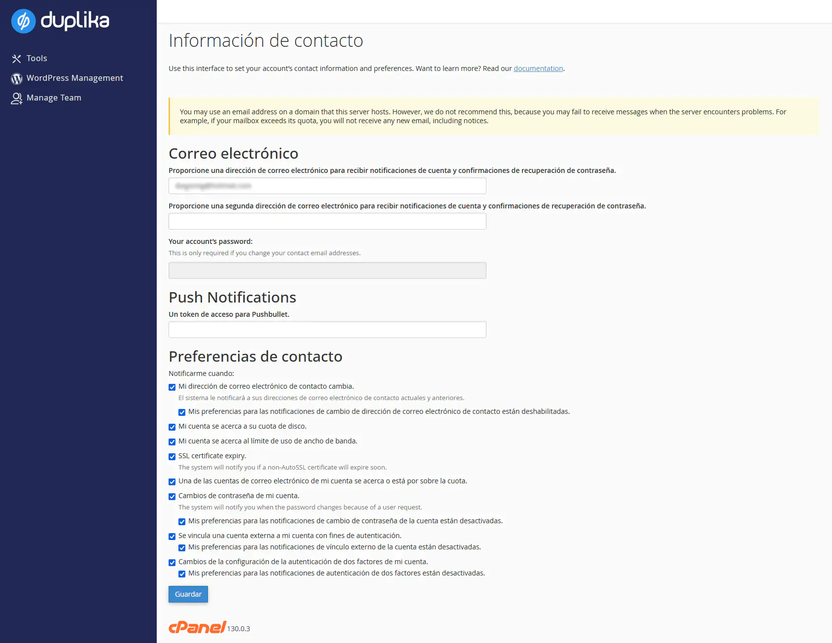 Cpanel informacion personal contacto
