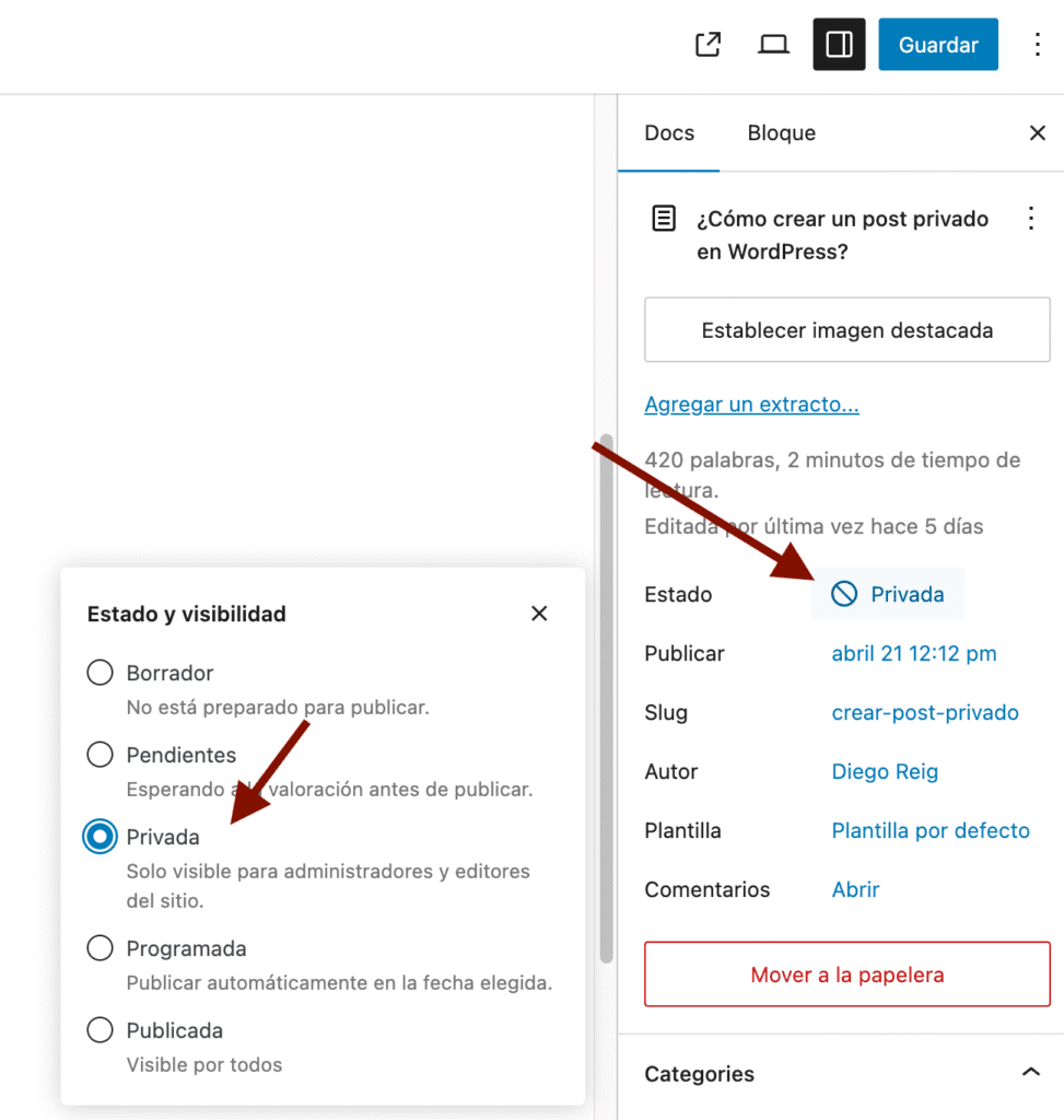 Wordpress post privado