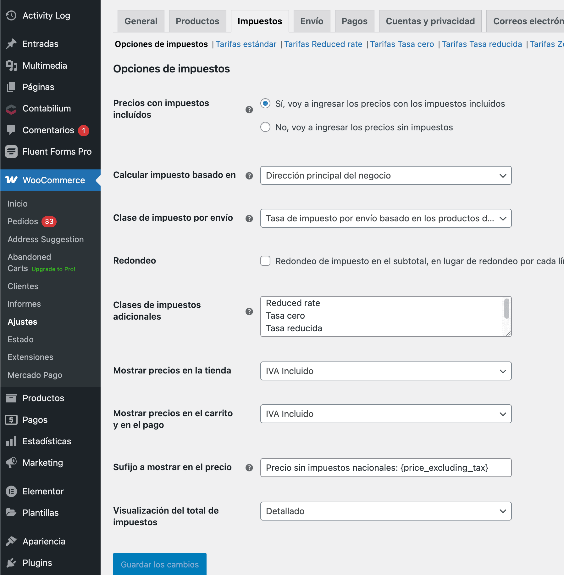 Opciones impuestos woocommerce